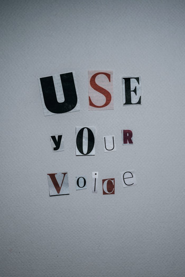 Cut paper letters making up Use Your Voice phrase hanging on gray wall